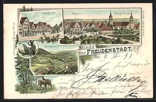 Lithographie Freudenstadt, Postamt und evangelische Kirche, Marktplatz, Christophsthal