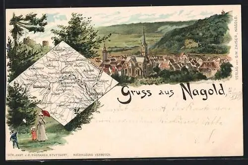 Lithographie Nagold, Teilansicht mit Kirche, Landkarte mit Berneck, Altensteig und Simmersfeld