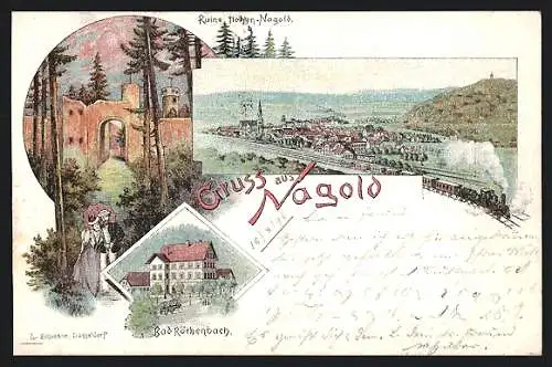 Lithographie Nagold, Ruine Hohen-Nagold, Bad Röthenbach