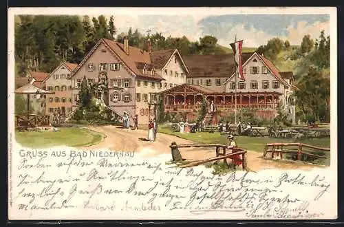 Lithographie Bad Niedernau, Gasthaus mit Ausflüglern und gehisster Reichsflagge