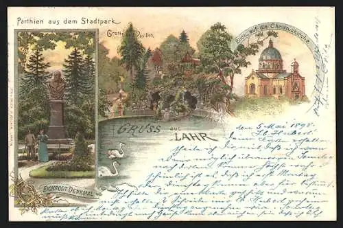 Lithographie Lahr / Baden, Christuskirche im Stadtpark, Grotte und Pavillon, Eichrodt-Denkmal