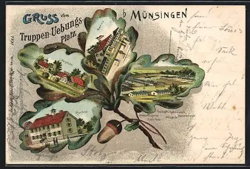 Passepartout-Lithographie Münsingen, Truppenübungsplatz, Cantine, Casino, Ludwigshöhe, Ansichten im Eichenblatt