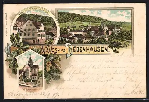 Lithographie Bebenhausen, Gasthof zum Waldhorn von H. Heinrich, Klosterkirche, Ortsansicht