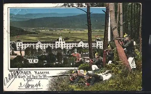 AK Tübingen, Kaserne und Soldaten des 10. Württ. Ingf. Regt. Nr. 180 1. Bat. im Walde