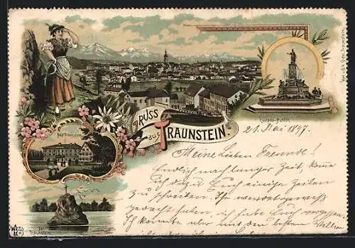 Lithographie Traunstein, Ortspanorama, Luitpold-Brunnen, Traunstein, Frau in Tracht mit Sichel
