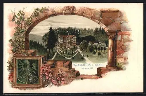 Passepartout-Lithographie Villingen / Baden, Waldhotel Villingen von Mauer aus gesehen