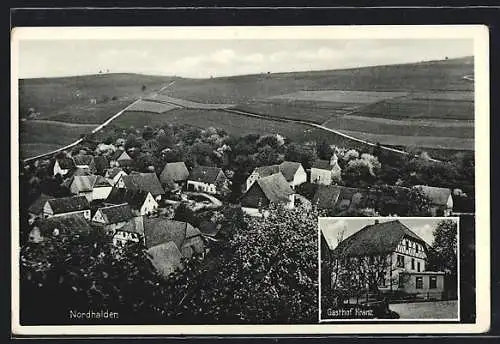 AK Nordhalden, Der Gasthof Kranz, Inh. Jacob Rutschmann, Ortsansicht aus der Vogelschau