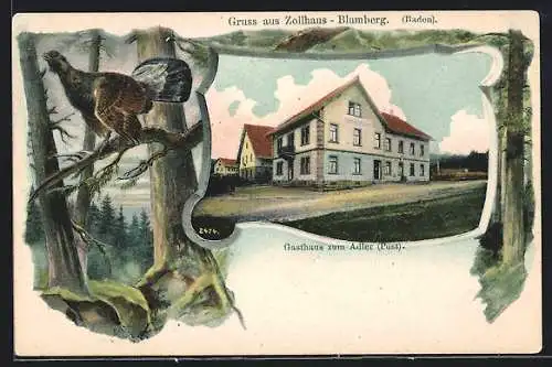 AK Zollhaus-Blumberg, Gasthaus zum Adler (Post), Passepartout mit einem Auerhahn