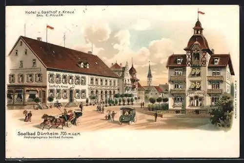 Lithographie Dürrheim, Hotel und Gasthof zum Kreuz von E. Müller