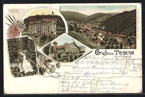 Lithographie Triberg, Ortstotale, die Gewerbehalle, das Schwarzwald Hotel, der Wasserfall