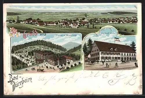 Lithographie Bad Dürrheim, Kurhaus & Salinen-Hotel, Gasthof Kreuz, Gesamtansicht