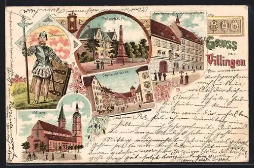 Lithographie Villingen / Baden, Münster, Obere Strasse, Post und Sparkasse