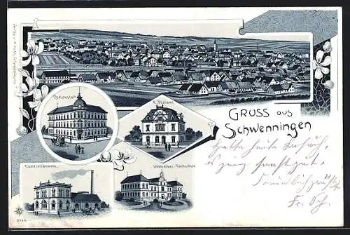 Lithographie Schwenningen / Villingen, Elektrizitätswerk, Realanstalt, Uhrmacher-Fachschule