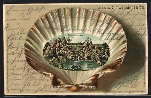 Passepartout-Lithographie Schwenningen a. N., Blick auf den Neckarursprung, Ansicht in der Muschel