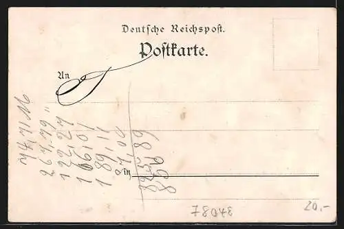 Lithographie Villingen / Baden, Das Waldhotel, das Kriegerdenkmal, Gesamtansicht mit Aussichtsturm