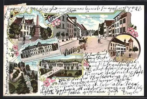 Lithographie Villingen / Baden, Amtsgebäude, Bahnhof, Kloster