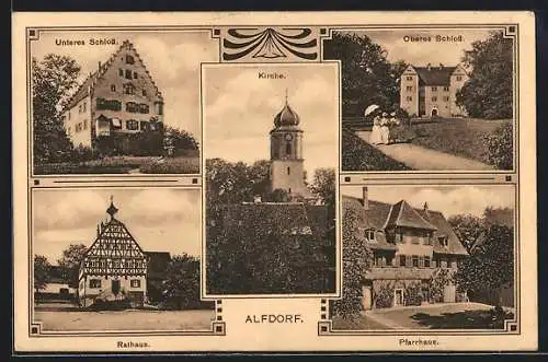AK Alfdorf, Unteres und Oberes Schloss, Kirche, Rathaus, Pfarrhaus