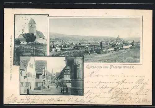 AK Plochingen, Die Kirche, der Bahnhof, Strassenpartie