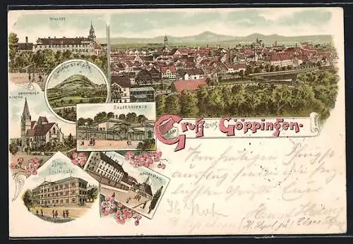 Lithographie Göppingen, Schloss, Hohenstaufen, Oberhoven-Kirche, Sauerbrunnen, Latein- und Realschule, Heilanstalt
