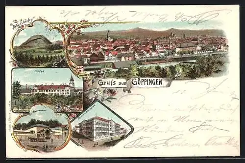 Lithographie Göppingen, Hohenstaufen, Schloss, Sauerbrunnen, Latein- und Realschule, Gesamtansicht