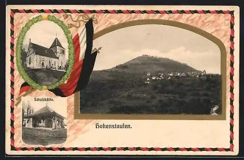 AK Hohenstaufen, Die Kirche, die Schutzhütte, Gesamtansicht aus der Ferne, Passepartout mit der Reichsflagge