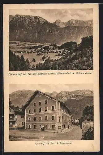 AK Oberaudorf am Inn, Gasthof zur Post, Ortsansicht mit Zahmen Kaiser