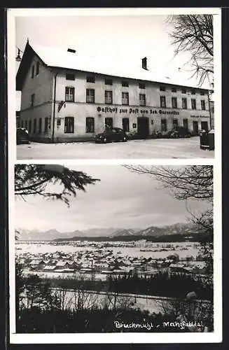 AK Bruckmühl /Mangfalltal, Gasthof zur Post, Ortsansicht im Winter