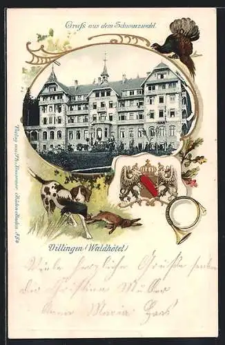 Passepartout-Lithographie Villingen /Schwarzwald, Ansicht vom Waldhotel, Jagdhund mit Auerhahn