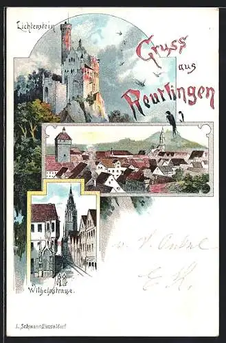 Lithographie Reutlingen, Burg Lichtenstein, Wilhelmstrasse, Ortsansicht