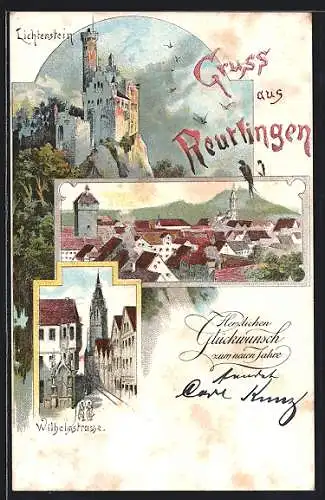 Lithographie Reutlingen, Teilansicht, Lichtenstein, Wilhelmstrasse