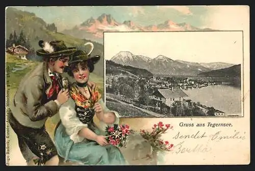Passepartout-Lithographie Tegernsee, Ortsansicht und Paar in Trachten