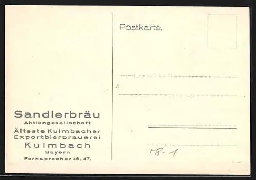 AK Kulmbach, Brauerei-Werbung für Kulmbacher Sandler, Erstmalige Ausfuhr nach Sachsen durch die Brauerei Sandler 1831
