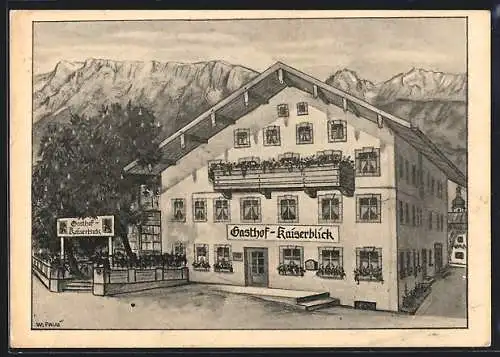 Künstler-AK Oberaudorf /Bayerische Alpen, Gasthaus Kaiserblick von Heinz Rieger