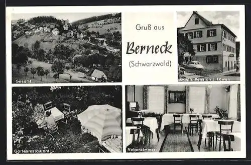 AK Berneck /Schwarzwald, Gasthof-Pension zum Löwen, Inneres Nebenzimmer, Gartenrestaurant