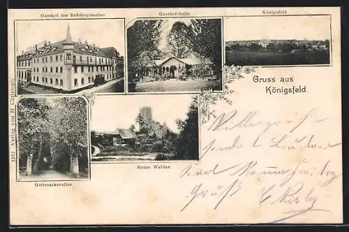 AK Königsfeld / Baden, Gasthof der Brüdergemeine, Gasthofshalle, Ruine Waldau