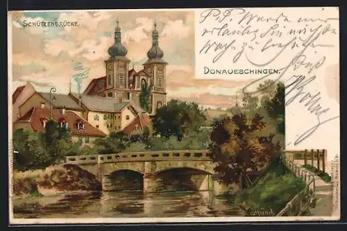 Künstler-AK Carl Münch: Donaueschingen, Brückenpartie mit Blick auf die Kirche