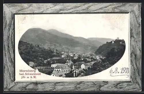 Präge-AK Hornberg /Bad. Schwarzwald, Teilansicht mit Kirche, Passepartout