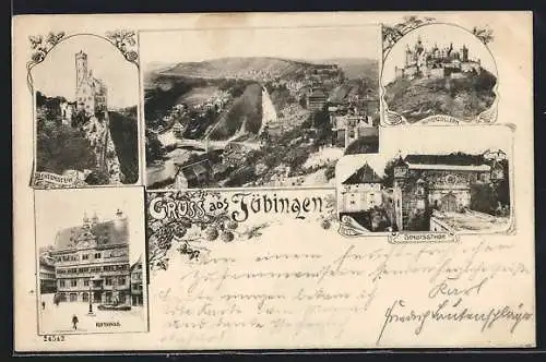 AK Tübingen, Rathaus, Lichtenstein, Schlossthor und Hohenzollern