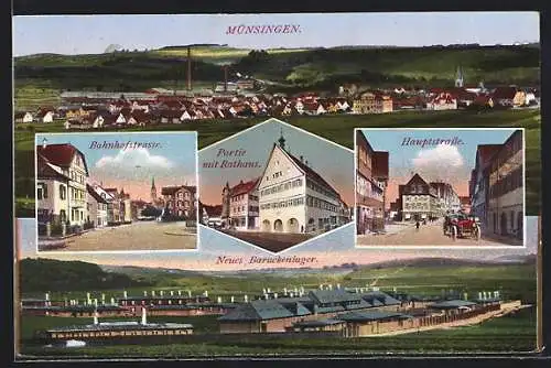 AK Münsingen, Panorama, Bahnhofstrasse, Partie mit Rathaus, Hauptstrasse