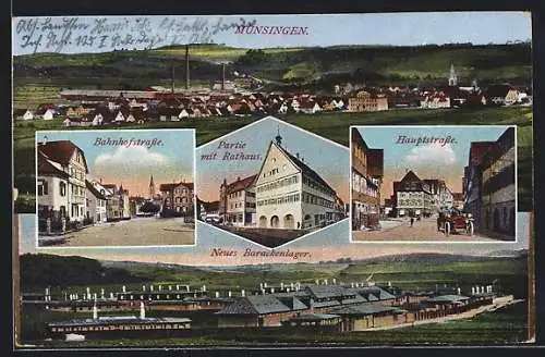 AK Münsingen, Neues Barackenlager, Bahnhofstrasse, Partie mit Rathaus, Hauptstrasse