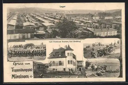 AK Münsingen / Truppenübungsplatz, Café Plesdonat, Lager, Soldaten zur Pferde
