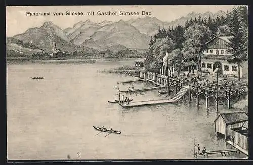 AK Simssee, Panorama mit Gasthof Bad