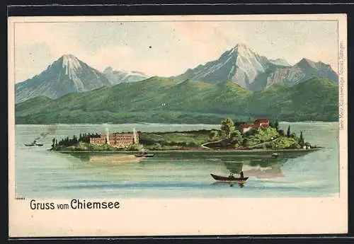 Lithographie Chiemsee, Blick auf die Insel um 1900