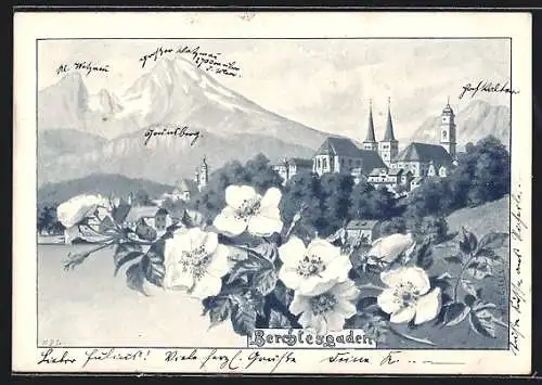 AK Berchtesgaden, Ortspartie mit Gebirgspanorama