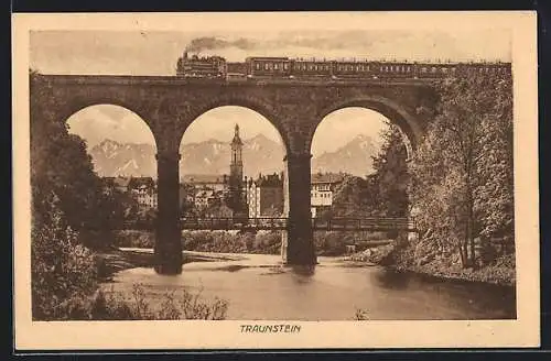 AK Traunstein, Brücke mit Dampflock
