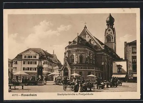 AK Rosenheim, Stadtpfarrkirche und Postgebäude