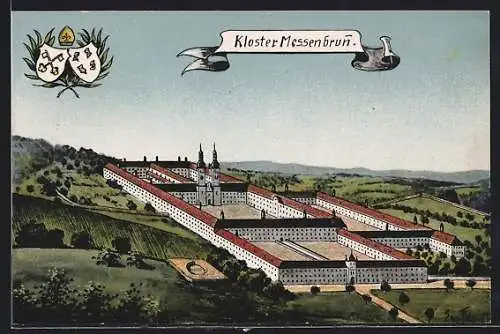 Künstler-AK Wessobrunn, das Kloster aus der Vogelschau mit Wappen