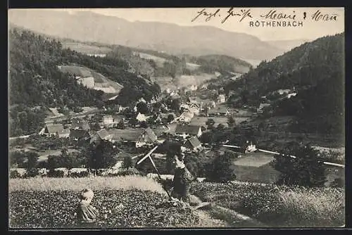 AK Röthenbach / Alpirsbach, Bäuerin mit Kind bei der Arbeit