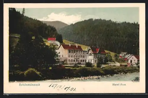 AK Schönmünzach, Uferpartie mit Hotel Post