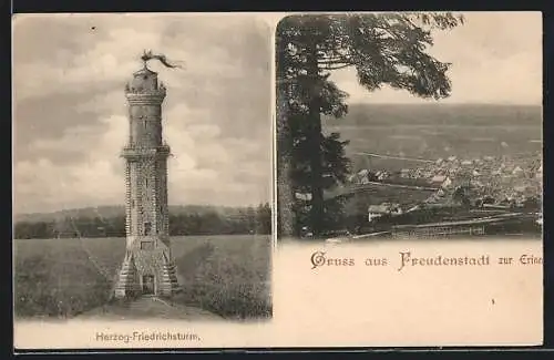 AK Freudenstadt, Herzog-Friedrichsturm und Teil eines Panoramas